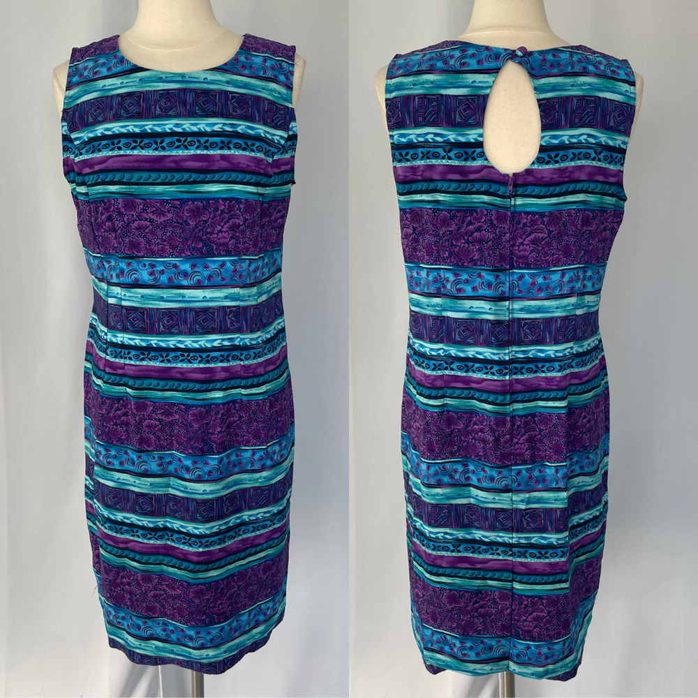 Vintage Sheath Dress Size 12 Teal Blue Purple Stripe Sleeveless Maximalist 90s